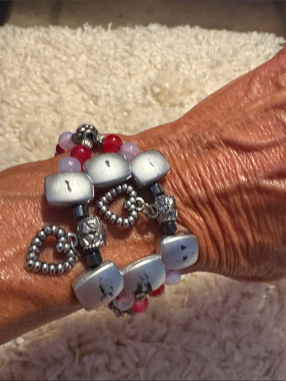 Silver Beaded Heart Stretch Bracelet with Pink and Red Accents